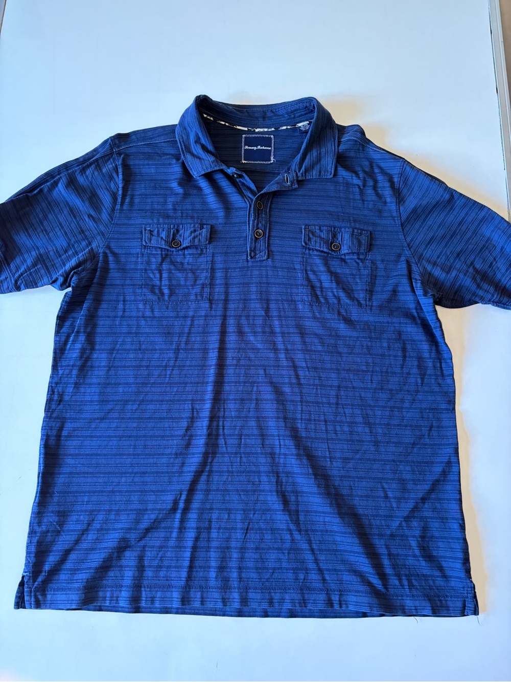 Tommy Bahama Blue mens short-sleeve polo shirt striped two chest pockets size XL